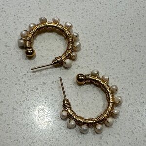 Gold Hoop Earrings with White Pearl Accents